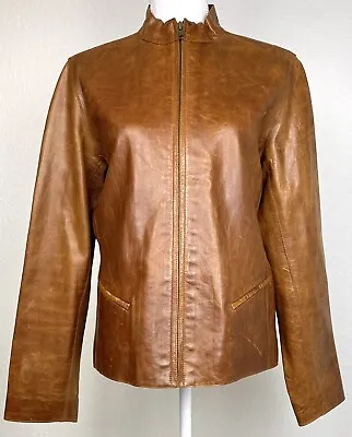 MODA INTERNATIONAL Womens MEDIUM Chestnut 100% LEATHER Full-Zip MOTO JACKET EUC • $49.99