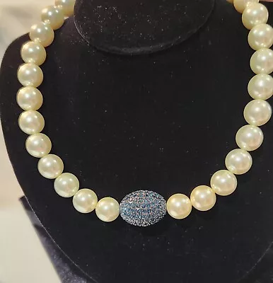 Beautiful Vintage Joan Boyce Simulated Pearl Blue Pave Crystal Necklace NIB • $55