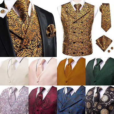 Mens Vintage Vest Herringbone Double-Breasted Tweed Waistcoat For Groom Wedding • $19.99