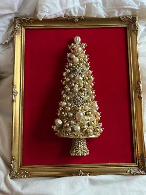 Vintage Costume Jewelry Art Framed Jeweled Christmas Tree Gold Frame 15 X 12 In • $75