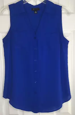 AB Studio Button Up Sleeveless Top Womens Size M Royal Blue Sheer V Neck Pockets • $7.49