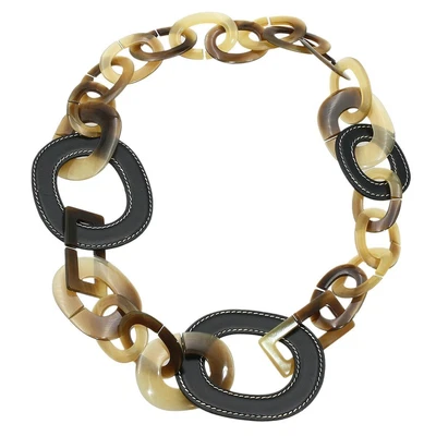 $570 • Buy HERMES Buffalo Horn Leather Necklace Black Brown Women Z1388