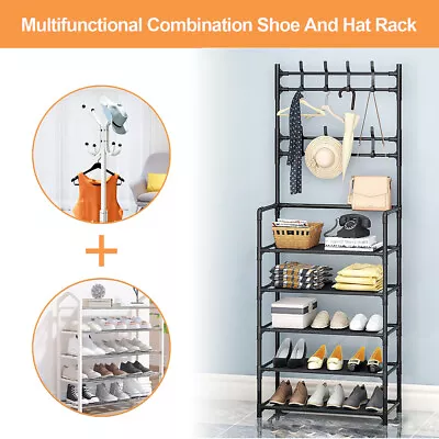 Coat Hat Stand Metal Shoes Rack 5 Tiers Shelf 8 Hooks Clothes Umbrella Hanger UK • £13.99