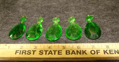 5 Vintage Emerald Green  Glass Crystal Prism Lamp Chandelier Old Parts Restore • $35