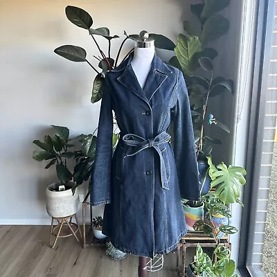 Vintage Denim Trench Coat Jacket Size 8 W/Pockets Belts Collared Maxi Outerwear • $99