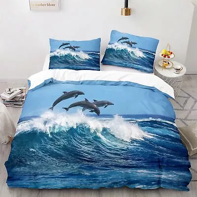 Marine Dolphin Surfing Duvet Doona Cover Double Queen Bedding Set Quilt Cover • £34.71