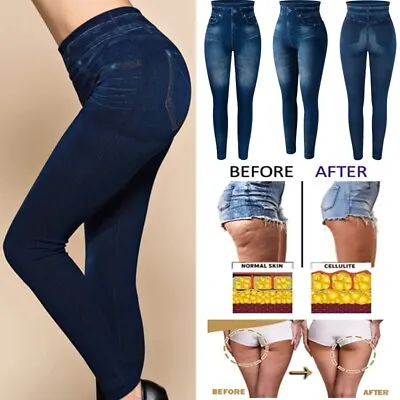Women Push Up Faux Denim Jeans Leggings Printing Seamless Skinny Pencil Pants • £12.79