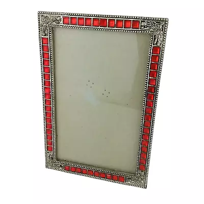 Red Mosaics Picture Frame 4 X 6   Embossed Silver Roses Edges Free Standing • $28.47