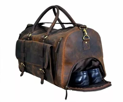 24  Vintage Leather Duffle Bag Handmade NEW Buffalo Gym Bag Overnight Bag_ • $140.04