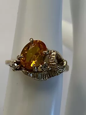 10k Solid Yellow Gold  Lab Golden Sapphire &genuine Diamond Ring Estate • $218.90