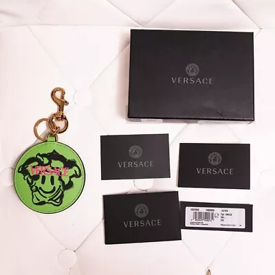 NEW $295 VERSACE Green SMILEY MEDUSA GRAFFITI Leather BAG CHARM KEY RING CHAIN • $195