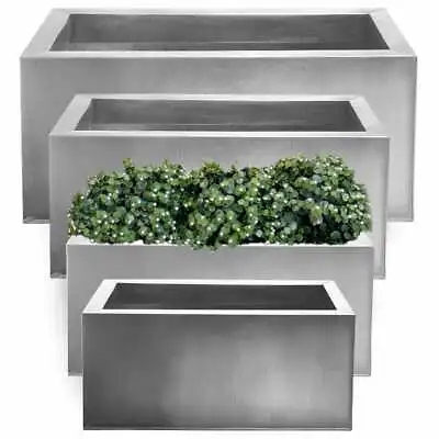 Silver Zinc Metal Trough Outdoor Planter Garden Plant Pot Flower Bed Rectangle • £87.98