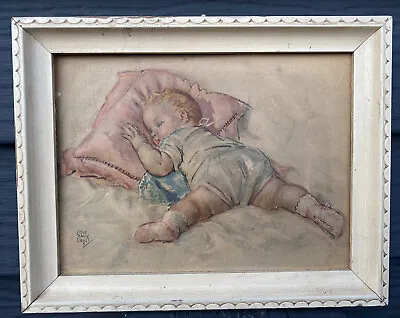 Vintage 1930’s Original Maud Tousey Fangel Lithograph Baby Sleeping Framed Art • $9