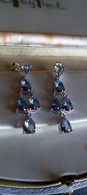 Antq Victorian Style 925 Sterling Silver Mistic Topaz Paste Chandelier Earrings • £8.93