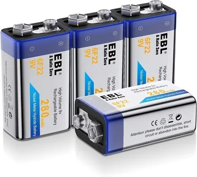 EBL 9V Rechargeable Batteries NiMH 280mAh For Smoke Alarm Detector 4-Packs • $29.45