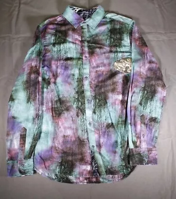 Rock Roll N Soul Shirt Men Medium Green Purple Oil Spill Flip Cuff Leopard Print • $44.99