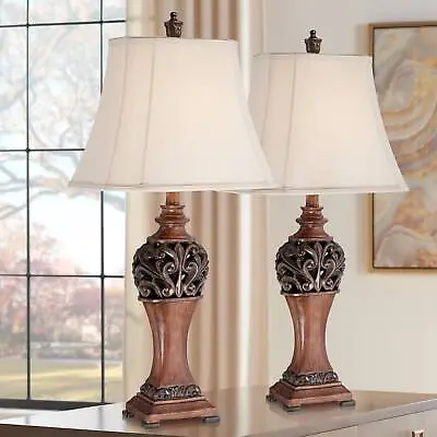 Exeter Traditional Table Lamps 30  Tall Set Of 2 Wood Bronze Carved Creme Shade • $79.95