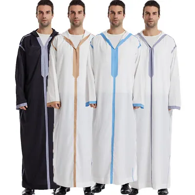 Men Saudi Arabic Thobe Jubba Abaya Long Sleeve Hooded Robe Muslim Kaftan Dress • $30.92