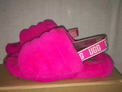 Ladies Size 6 Ugg PINK Fluff Yeah Logo Slipper Slide Sheepskin Sandal Slippers • $9.95