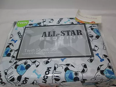 P & A Marketing All-Star Bedding PUPPY DOG  Twin Sheet Set - Black Blue & White • $31.98