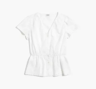 J.CREW WOMEN'S WHITE SHORT SLEEVE EYELET LINED PEPLUM TOP Sz 10 • $24.99