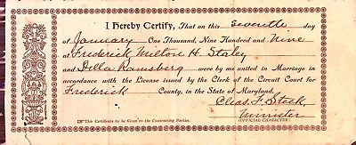 Marriage Certificate 1909 Frederick Maryland • $25