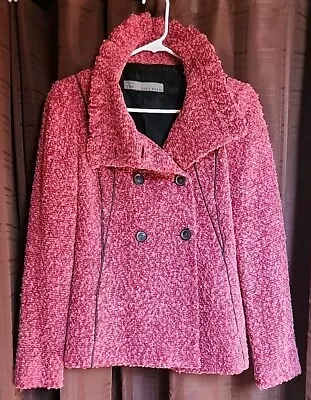 ZARA Wool Mix Jacket Blazer Size Eur L Red/Pink Boucel Wool Button Up Ruffle  • $35.99