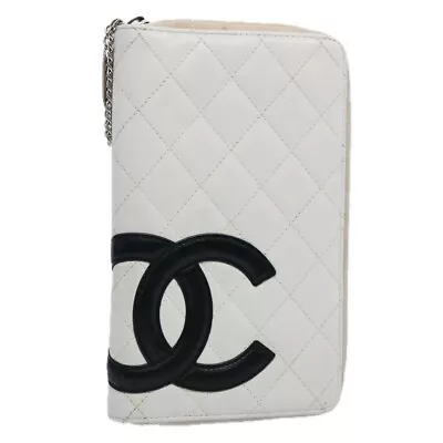 CHANEL Cambon Line Wallet Leather White Black CC Auth 61095 • £205.97