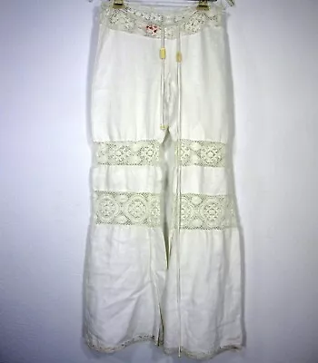 Michelle Jonas Designs White Pants Size S Small Lace 100% Gauze Drawstring • $67.49