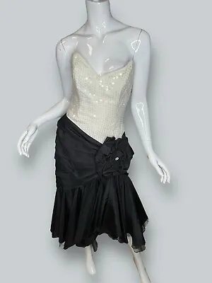Vtg Tadashi Shoji Black & Off White Sequin 80s Dropped Waist Dress Gown Sz XS/S • $60
