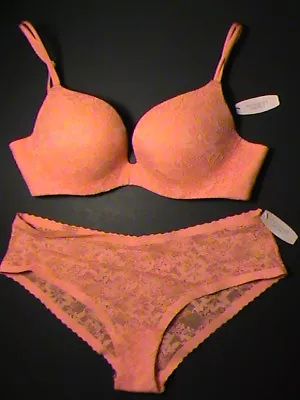 Set Victoria's Secret Embrace Angels Push Up Bra-34C Hiphugger-M Orange Lace NEW • $90