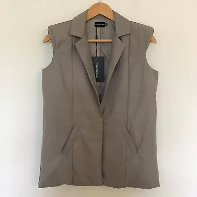 Pretty Little Thing Sleeveless Oversize Blazer 0 Taupe Shoulder Pad Snap Pocket • $25.68