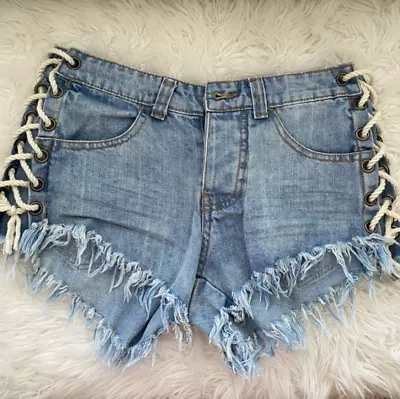 VINTAGE HAVANA ~ Size 25 26 ~Button Fly Lace-Up Side Raw Cut-Off Denim Shorts 56 • $19.99