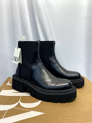 $99.99 • Buy Womens Zara Low Heeled Lug Sole Black Leather Ankle Boots, US 9