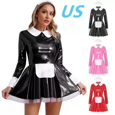 US Women French Maid Uniform Patent Leather Dresses With Headband Apron Clubwear • $7.99