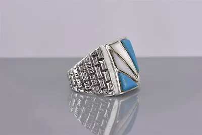 Sterling Silver 19mm Fanned Mother Of Pearl Turquoise Band Ring 12g 925 Sz: 8 • $67.50