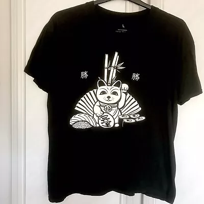 Mens Black T Shirt Large L Short Sleeve Japanese Anime Cat • £11