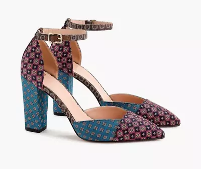 J Crew Jacquard Print Block Heel Pumps Ankle Strap Size 6.5 EUC • $28