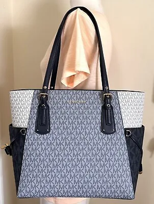 Michael Kors Voyager East West MK Logo French Blue White Tote Shoulder Bag • $184.98