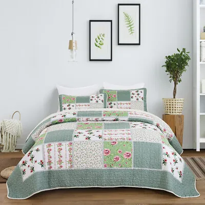 £29.99 • Buy Patchwork Floral Bedspread Set Quilted Cover Throw Bedding Set Double King Size