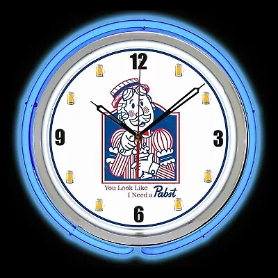 15  Pabst Bartender Beer Blue Double Neon Clock Chrome Finish Man Cave Bar • $119.99