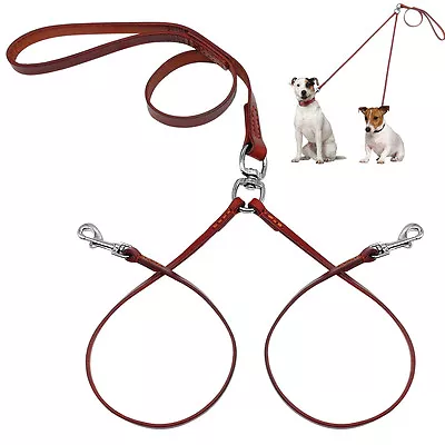 2 Way Genuine Leather Double Dog Leads Leash For Twin Dogs Walking Labrador Lead • £16.79