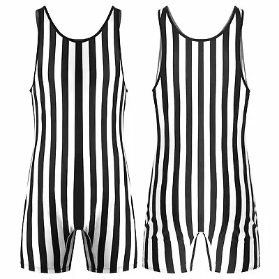 Mens Striped Print Jumpsuit Wrestling Singlet Bodysuit Sleeveless Leotard Sports • $16.44