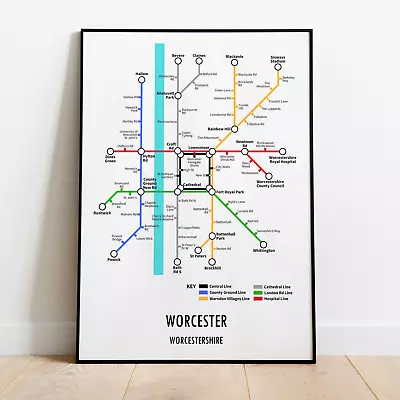 Worcester Worcestershire Underground Style Transport Art Map Print A3 A4 • £25.95