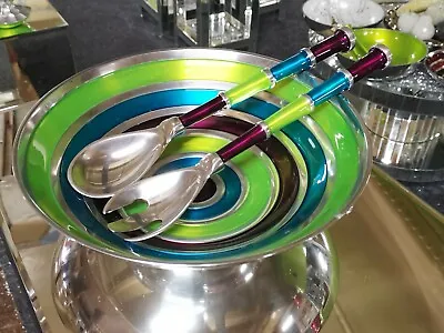 XL Funky Aluminium Salad Bowl And Servers Multicoloured Hand Made And Fair Trad • £36.99