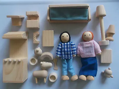 Wooden Dolls House Accessory Set With Wooden People Figures And Pets New Boxed  • £11.95