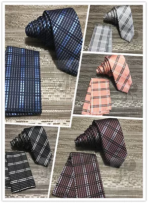 New 2.25  Slim Plaid Checkers Necktie And Pocket Square Hankie Set Prom Wedding • $11.35