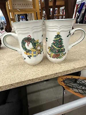 2 Beautiful MIKASA French Countryside Christmas Cappuccino Mug YULE GLOW • $23.89