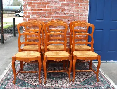 Set Of  6 French Louis XV  Antique Oak Rush Seat Dining Chairs • $2400