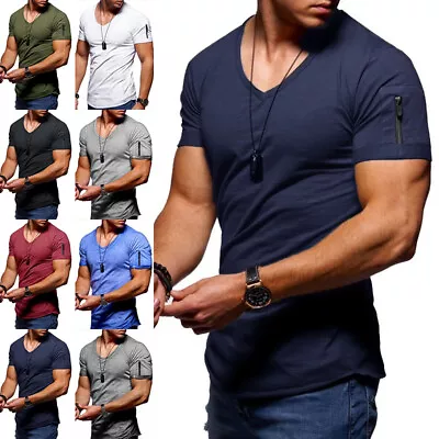 Mens Solid Slim Fit Zipper Muscle Tee Vintage Tops Short Sleeve V Neck T Shirt • $10.49